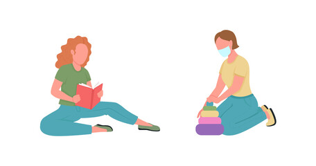 Poster - Kindergarten teachers flat color vector faceless characters set. Woman read book. Girl in mask. Preschool classes isolated cartoon illustration for web graphic design and animation collection