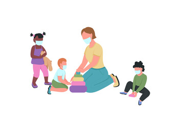 Poster - Teacher and kids in medical mask play together flat color vector faceless characters. Tutor with children. Kindergarten new normal isolated cartoon illustration for web graphic design and animation