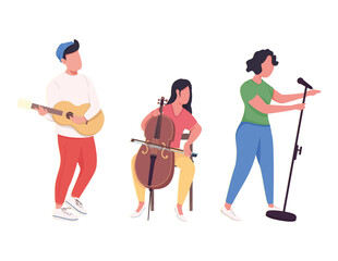 Poster - Music band performance flat color vector faceless characters. Musicians with classical instruments, singer with microphone isolated cartoon illustration for web graphic design and animation