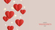 Happy Valentine's Day. Background with realistic hanging paper red hearts. Hearts motion blur effect. Bokeh effect. Vector illustration.
