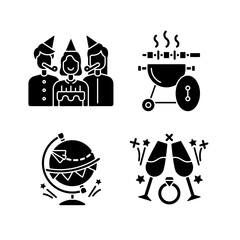 Sticker - Family holiday party black glyph icons set on white space. Birthday surprise celebration. Barbecue outdoors. Going away party. Engagement ceremony. Silhouette symbols. Vector isolated illustration