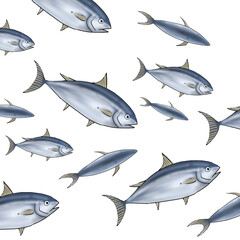 Wall Mural - Illustration of swimming skipjack fishes on white 