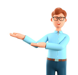 3D illustration of joyful man pointing hands at direction. Close up portrait of cartoon cheerful businessman with eyeglasses and blue shirt, isolated on white.