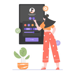 The girl stands near the interface of the mobile application. User settings and customization of the social network account. Vector flat illustration.