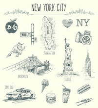 Hand Drawn Set Of New York City Popular Travel Icons, Isolated Vector Illustration

