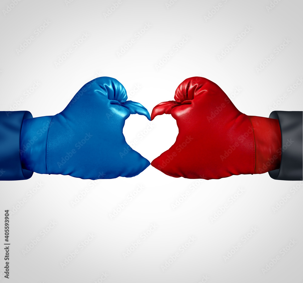 Competition love and competitor agreement business reconciliation or corporate arbitration and political bipartisanship concept or relationship success - obrazy, fototapety, plakaty 