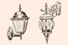 Hanging Wall Lamp In Classic Style For Street Lighting. Handmade Sketch On A Beige Background.
