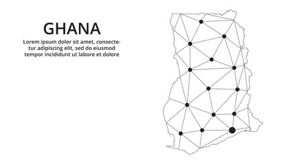 Poster - Ghana communication network map. Vector low poly image of a global map with lights in the form of cities. Map in the form of a constellation, mute and stars.