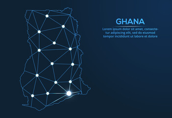 Poster - Ghana communication network map. Vector low poly image of a global map with lights in the form of cities. Map in the form of a constellation, mute and stars.