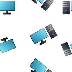 Poster - Computer PC monitor display with HD video technology icon isolated seamless pattern on red background.