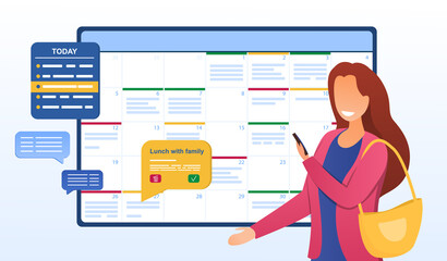 Poster - Female character planning month. Concept of scheduling appointments on cell phone in calendar application. Woman is adding event, meeting reminders in planning app. Flat cartoon vector illustration