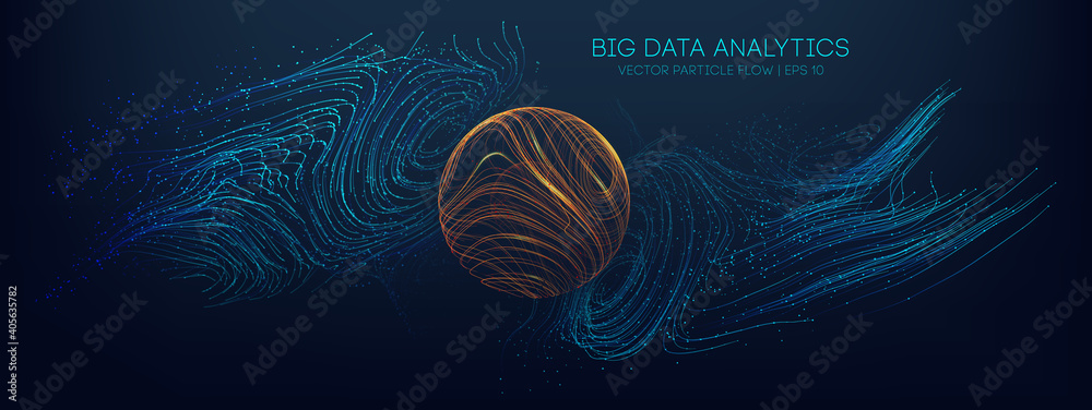 Big data analytics abstract vector background. 3d vector sphere data stream in abstract style. Abstract technology background wave flow. Data science concept. Technology analysis. Worldwide business - obrazy, fototapety, plakaty 