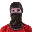pretty brunette with long hair in a red shirt with a black balaclava with purple edging