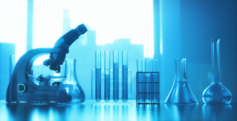 Wall Mural - test tubes and optical microscope. laboratory instruments, with backlight and depth of field. micros