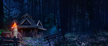 Horror Background Image Of Fantasy Witch House In Night Woods With Magic Totem With Symbols.