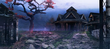 Horror Background Image Of Fantasy Witch Village On Evening Mountain Woods Land With Scary Crimson Colored Tree And Mist.