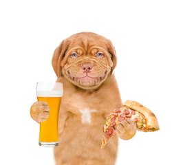 Poster - Happy fat puppy holding pizza and a glass of the beer. isolated on white background
