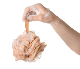 Female hand with loofah isolated on white background