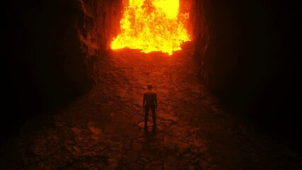 Fototapete - Sinner. A lonely sinfull man stands in front of a hell gates. Hell fire. Religious concept. Realistic 4k animation.