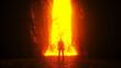 Leinwandbild Motiv Sinner. A lonely sinfull man stands in front of a hell gates. Hell fire. Religious concept. 3d rendering.