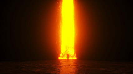 Fototapete - Sinner. A lonely sinfull man stands in front of a hell gates. Hell fire. Religious concept. 3d rendering.