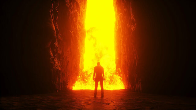 sinner. a lonely sinfull man stands in front of a hell gates. hell fire. religious concept. 3d rende