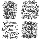 Fototapeta Młodzieżowe - Set of lettering about love. Valentines Day. Black and white vector lettering. Vector illustration