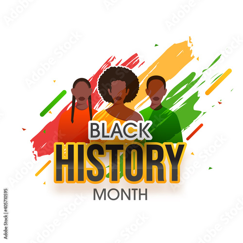 Black History Month Awareness Poster Design With Cartoon Multinational Female Group And Brush Stroke Effect On White Background. © Abdul Qaiyoom