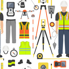 Profession And Occupation Set. Land Surveyor Tools And  Equipment. Seamless Pattern