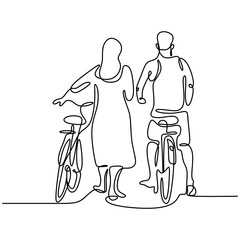 One continuous line drawing of happy young couple take a walk with bicycle. Loving male and female in bicycle romantically rides together at the outdoor park. Love relationship concept.