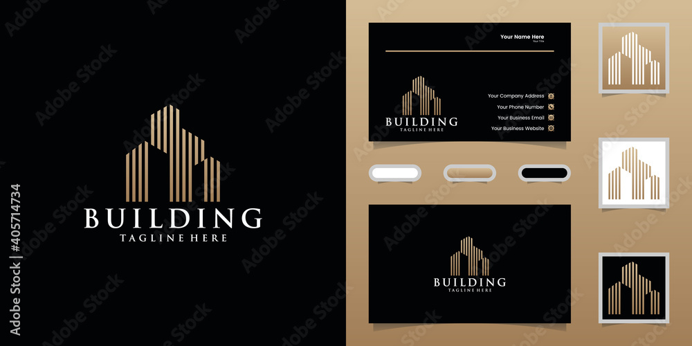 Luxury building logo with gold color design template and business card ...