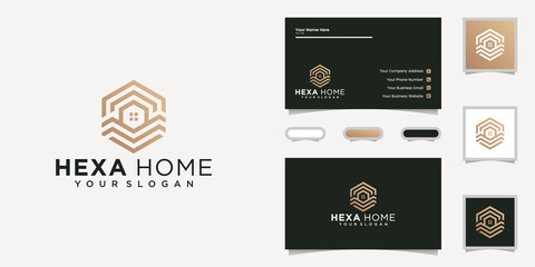 hexagon abstract house logo design template and business card