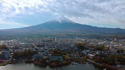 Wall Mural - Aerial view of mount Fuji over lake Kawaguchi in Yamanashi Japan