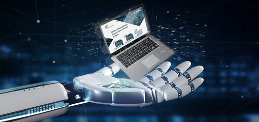 Poster - cyborg hand holding a laptop with business website template on the screen isolated on a background