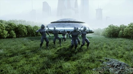 Wall Mural - funny aliens dancing in the meadow near the UFO spaceship. Realistic 4k animation.
