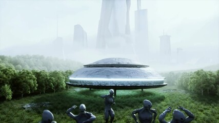 Wall Mural - funny aliens dancing in the meadow near the UFO spaceship. Realistic 4k animation.