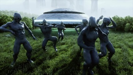 Wall Mural - funny aliens dancing in the meadow near the UFO spaceship. Realistic 4k animation.