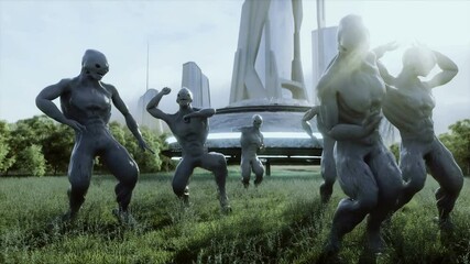 Wall Mural - funny aliens dancing in the meadow near the UFO spaceship. Realistic 4k animation.