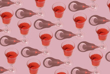 Romantic Pink Pattern Made Of Party Cocktail Glasses On Pastel Background. Trendy Valentine's Day Concept.