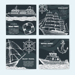 Wall Mural - Hand drawn nautical banner set. Sketch illustration. Frigate, boat, cruise ship, anchor, steering wheel, lifebuoy sketch illustration. Sea set.