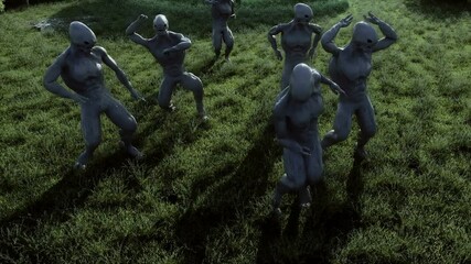 Wall Mural - funny aliens dancing in the meadow near the UFO spaceship. Realistic 4k animation.