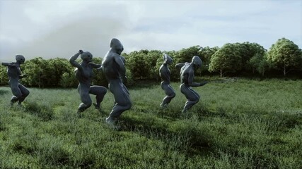 Wall Mural - funny aliens dancing in the meadow near the UFO spaceship. Realistic 4k animation.