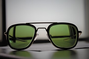 Glasses for eyesight in beautiful sunglass frame with green color glass in it put on a wooden table and fogg weather behind it