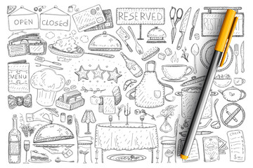 Wall Mural - Restaurant and cafe elements doodle set. Collection of hand drawn men, tables, signs, bottles and served food in restaurants isolated on transparent background. Illustration of working bistro signs