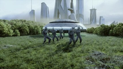 Wall Mural - funny aliens dancing in the meadow near the UFO spaceship. Realistic 4k animation.