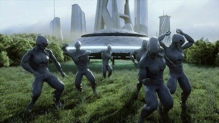 Wall Mural - funny aliens dancing in the meadow near the UFO spaceship. Realistic 4k animation.