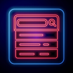 Poster - Glowing neon Search engine icon isolated on blue background. Vector.