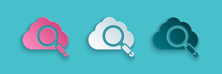 Poster - Paper cut Search cloud computing icon isolated on blue background. Magnifying glass and cloud. Paper art style. Vector.