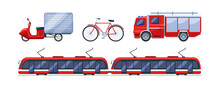 Urban Transport Set. Public Transportable Vehicle Cars Transport: Scooter, Motor Scooter, Motorcycle, Bicycle, Tram, Fire-engine Car Cartoon Vector