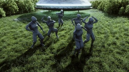 Wall Mural - funny aliens dancing in the meadow near the UFO spaceship. Realistic 4k animation.